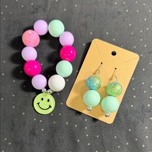 Colorful Beaded Bracelet and Earring Set with Smiley Charm Chunky, Viral!!!!